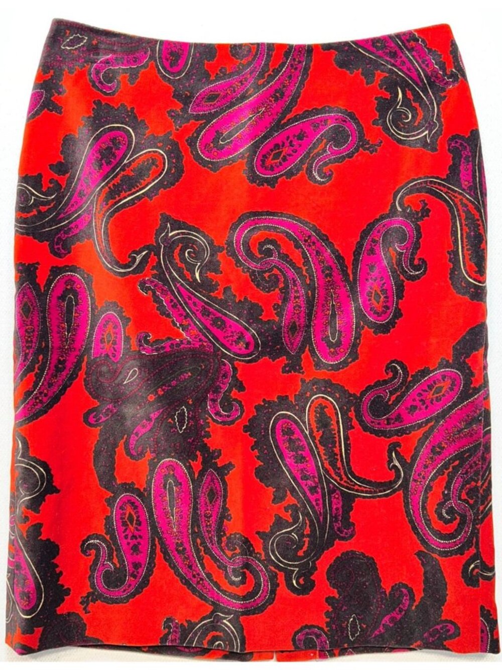 Talbots Womens Velvet Pencil Skirt Flat Front Back Zip Size 4 Red Purple Paisley